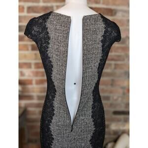 Betsy Johnson Bodycon Sheath Dress Size 6 Gray Black Tweed Cap Sleeve Lace Trim